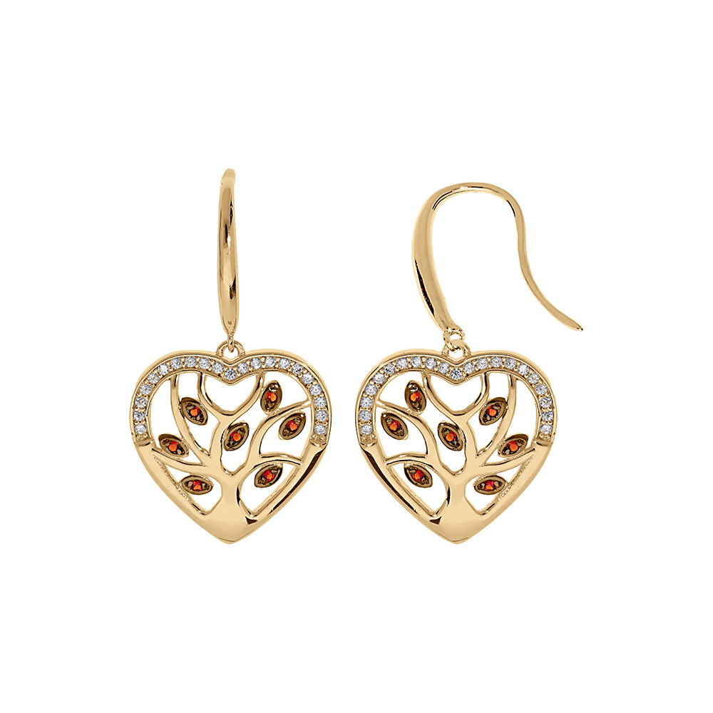Boucles d\'oreille en vermeil crochet coeur avec arbre de vie empierr� pierres rouges - Vue 1
