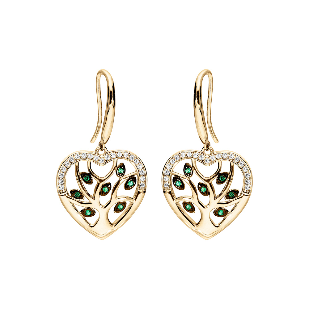 Boucles d\'oreille en vermeil crochet coeur avec arbre de vie empierr� pierres vertes - Vue 1