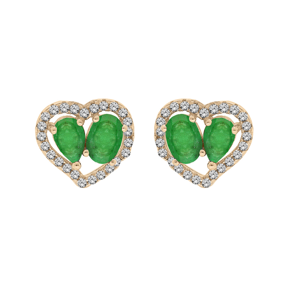 Boucles d\'oreille en vermeil 2 Emeraudes v�ritables contour coeur Topazes blanches serties et fermoir poussette - Vue 1