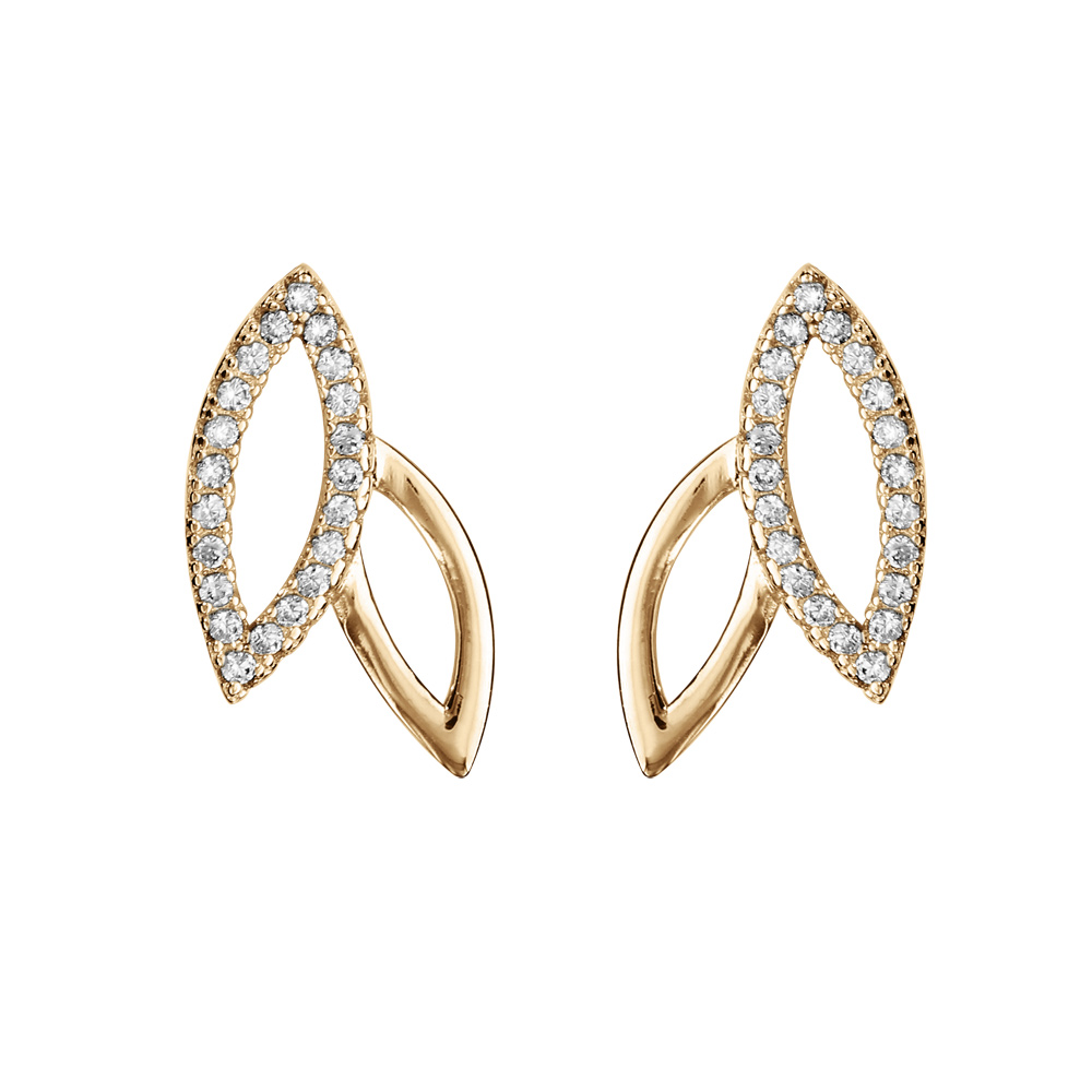 Boucles d\'oreille en vermeil feuillage ajour� avec oxydes blancs sertis et fermoir poussette - Vue 1