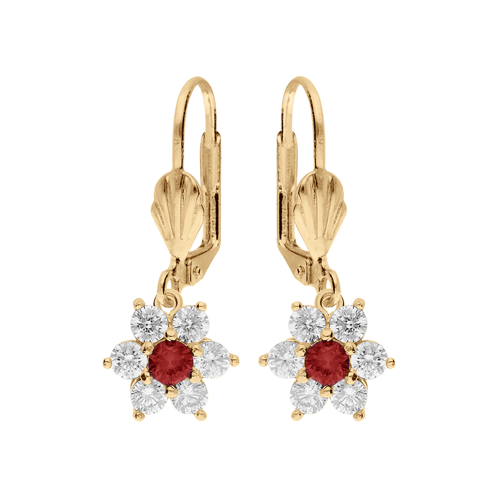 Boucles d\'oreille en vermeil fleur marguerite avec oxydes centre rouge et contour blancs sertis - fermoir dormeuse - Vue 1