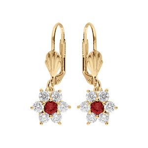 Boucles d'oreille en vermeil fleur marguerite avec oxydes centre rouge et contour blancs sertis - fermoir dormeuse