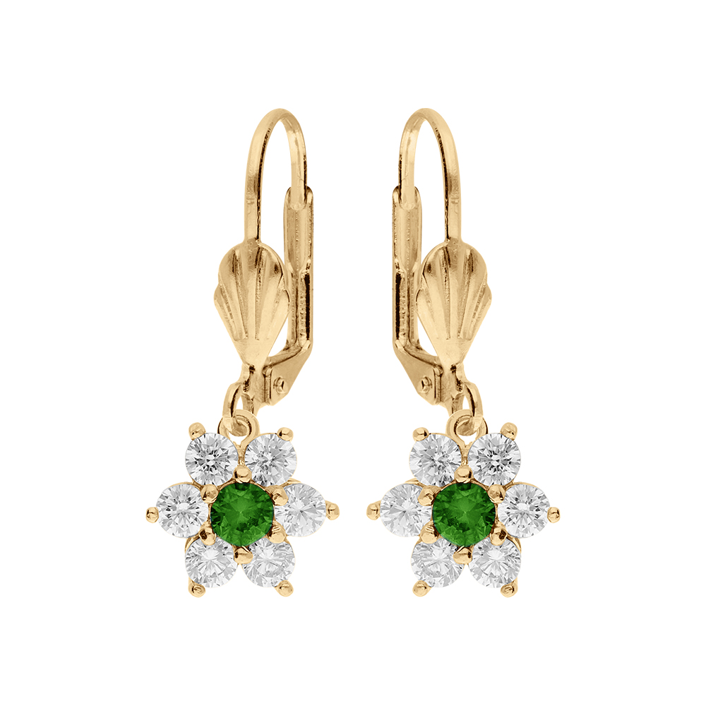 Boucles d\'oreille en vermeil fleur marguerite avec oxydes centre vert et contour blancs sertis - fermoir dormeuse - Vue 1