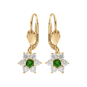 Boucles d'oreille en vermeil fleur marguerite avec oxydes centre vert et contour blancs sertis - fermoir dormeuse