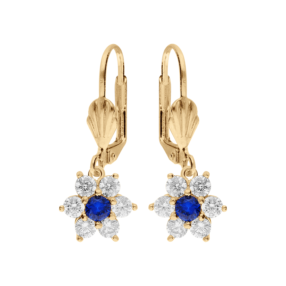 Boucles d\'oreille en vermeil motif marguerite avec oxydes centre bleu fonc� et contour blancs sertis -fermoir dormeuse - Vue 1