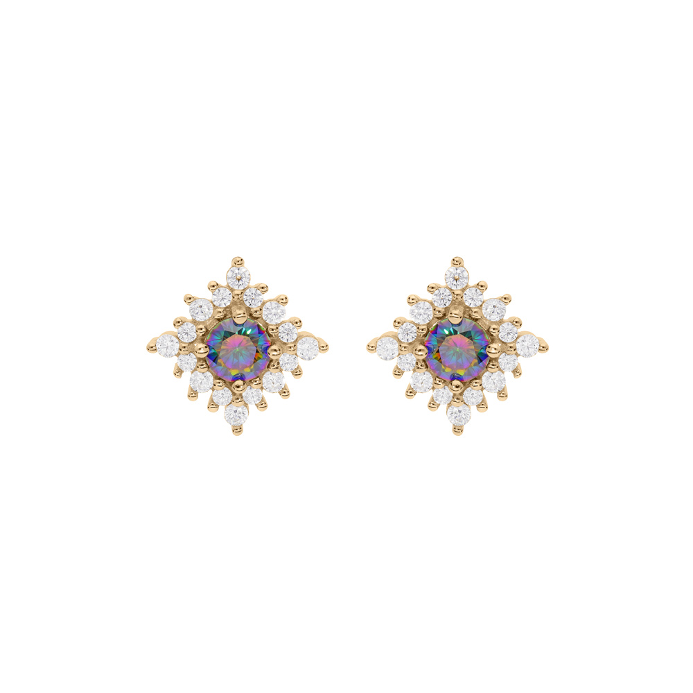 Boucles d\'oreille en vermeil oxyde arc en ciel mystique forme flocon et oxydes blancs sertis et fermoir poussette - Vue 1