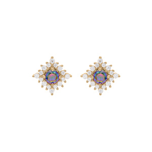 Boucles d\'oreille en vermeil oxyde arc en ciel mystique forme flocon et oxydes blancs sertis et fermoir poussette - Vue 1