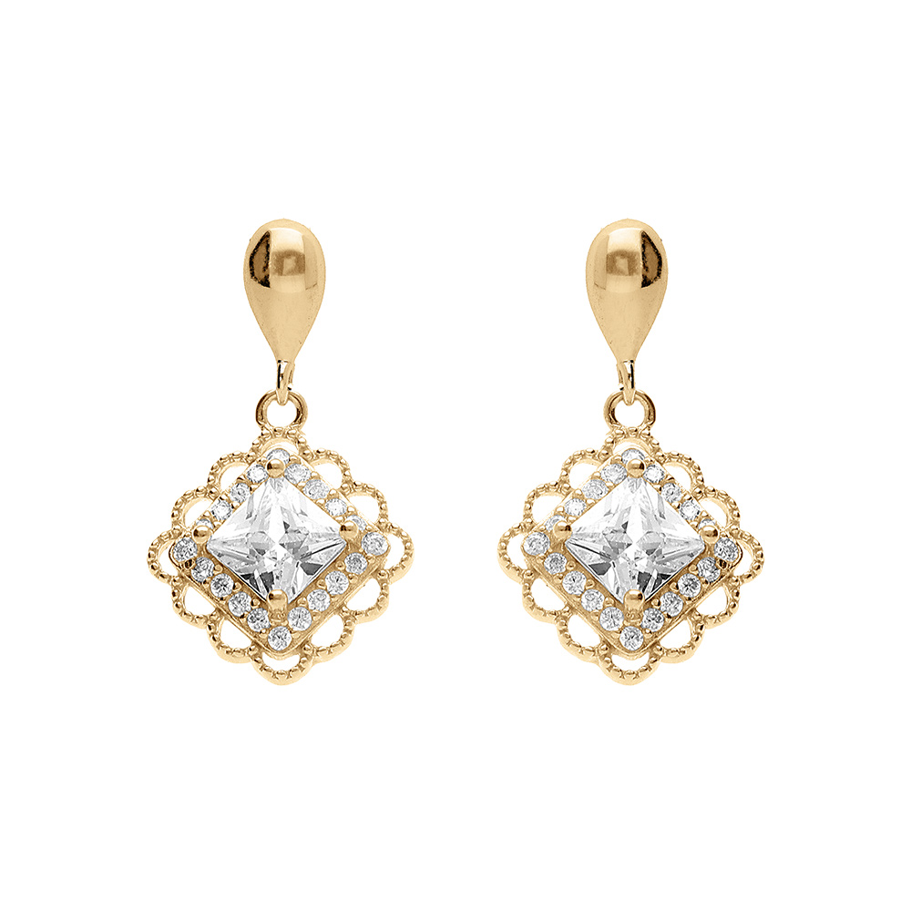 Boucles d\'oreille en vermeil pendante 2 anneaux allong�s oxydes blancs suspendus dans anneau lisse et fermoir poussette - Vue 1