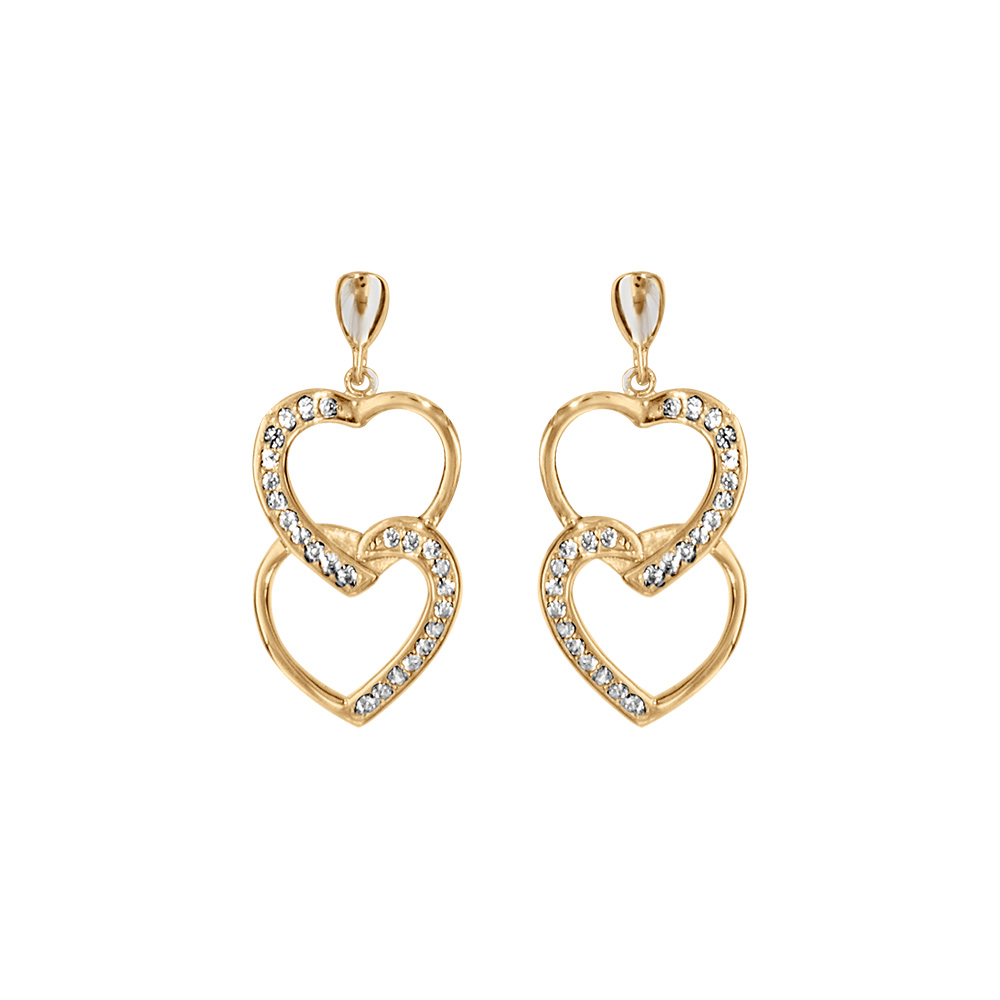 Boucles d\'oreille en vermeil pendantes double coeur suspendus et entrem�l�s avec oxydes blancs sertis - Vue 1