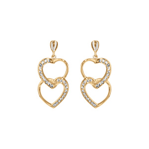 Boucles d\'oreille en vermeil pendantes double coeur suspendus et entremêlés avec oxydes blancs sertis - Vue 1