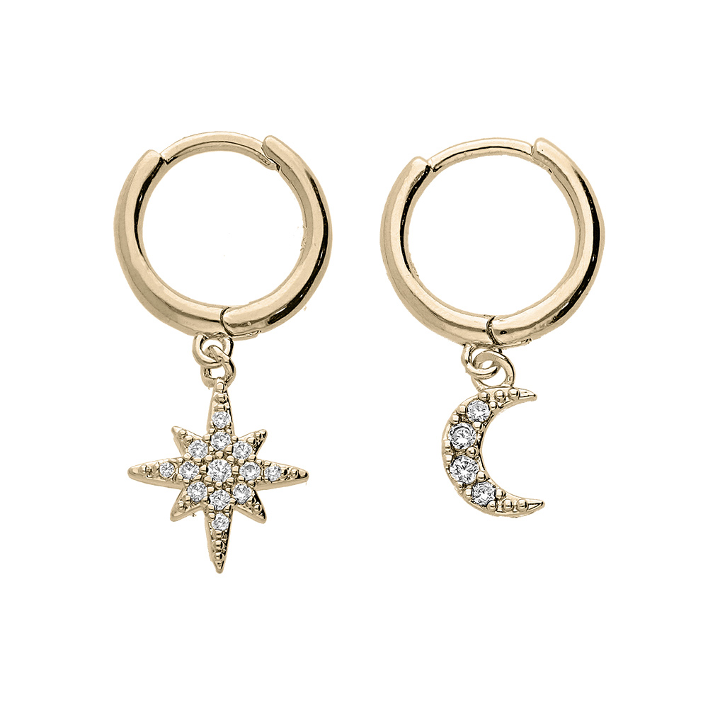 Boucles d\'oreille en vermeil petite cr�oles une pampille etoile du nord et une demi lune avec oxydes blancs sertis - Vue 1