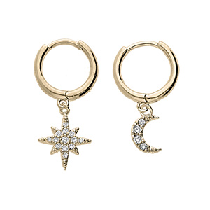 Boucles d'oreille en vermeil petite cr�oles une pampille etoile du nord et une demi lune avec oxydes blancs sertis