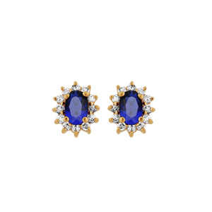 Boucles d\'oreille en vermeil pierre centrale bleu fonc entourage pierres blanches et fermoir poussette - Vue 1