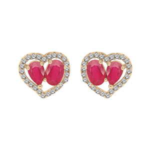 Boucles d\'oreille en vermeil 2 Rubis véritables contour coeur Topazes blanches serties et fermoir poussette - Vue 1