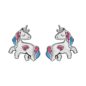 Boucles d\'oreille enfant argent rhodi licorne blanche rose et bleu et fermoir poussette - Vue 1