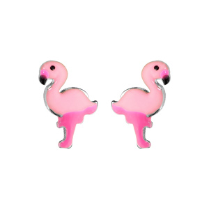 Boucles d\'oreille enfant en argent rhodi flamant rose et fermoir poussette - Vue 1