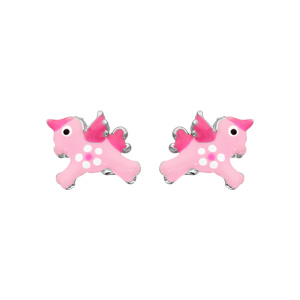 Boucles d\'oreille enfant en argent rhodi licorne rose avec ailes et fermoir poussette - Vue 1