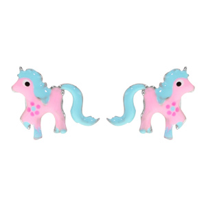 Boucles d\'oreille enfant en argent rhodi poney rose et bleu avec fermoir poussette - Vue 1