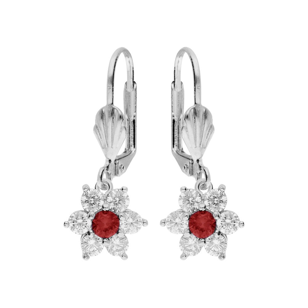 Boucles d\'oreille fermoir dormeuse en argent rhodi marguerite oxydes centre rouge et contour blancs sertis - Vue 1