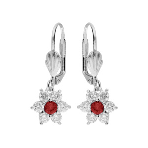 Boucles d\'oreille fermoir dormeuse en argent rhodié marguerite oxydes centre rouge et contour blancs sertis - Vue 1