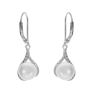 Boucles d\'oreille forme goutte argent platin perle de culture d\'eau douce avec oxydes blancs sertis, fermoir dormeuse - Vue 1