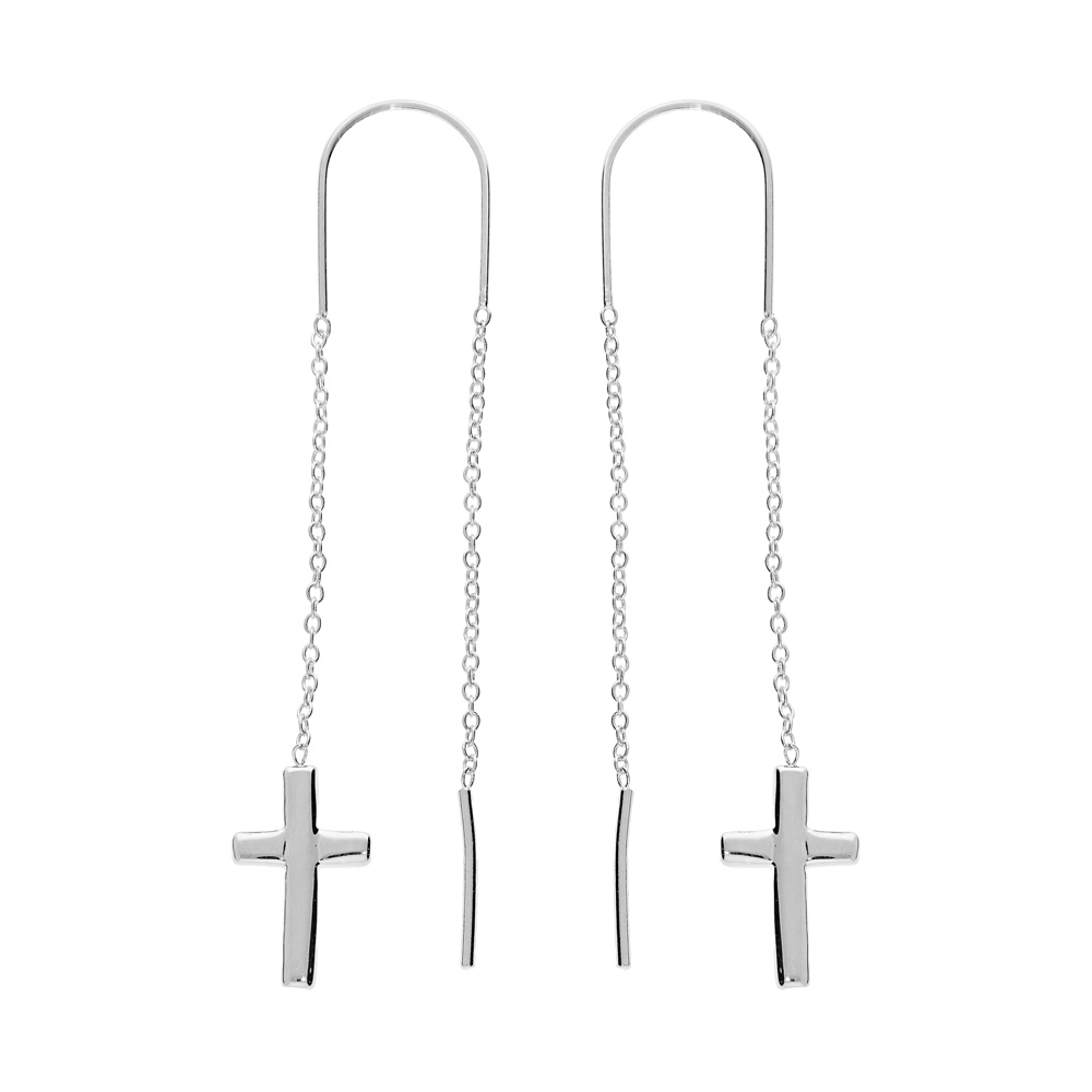 Boucles d\'oreille passante en argent rhodi� avec cha�nette et croix lisse - Vue 1