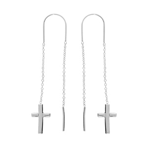 Boucles d\'oreille passante en argent rhodi avec chanette et croix lisse - Vue 1