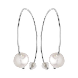 Boucles d\'oreille passantes en argent rhodié grand arc avec 1 perle blanche d\'eau douce - Vue 1