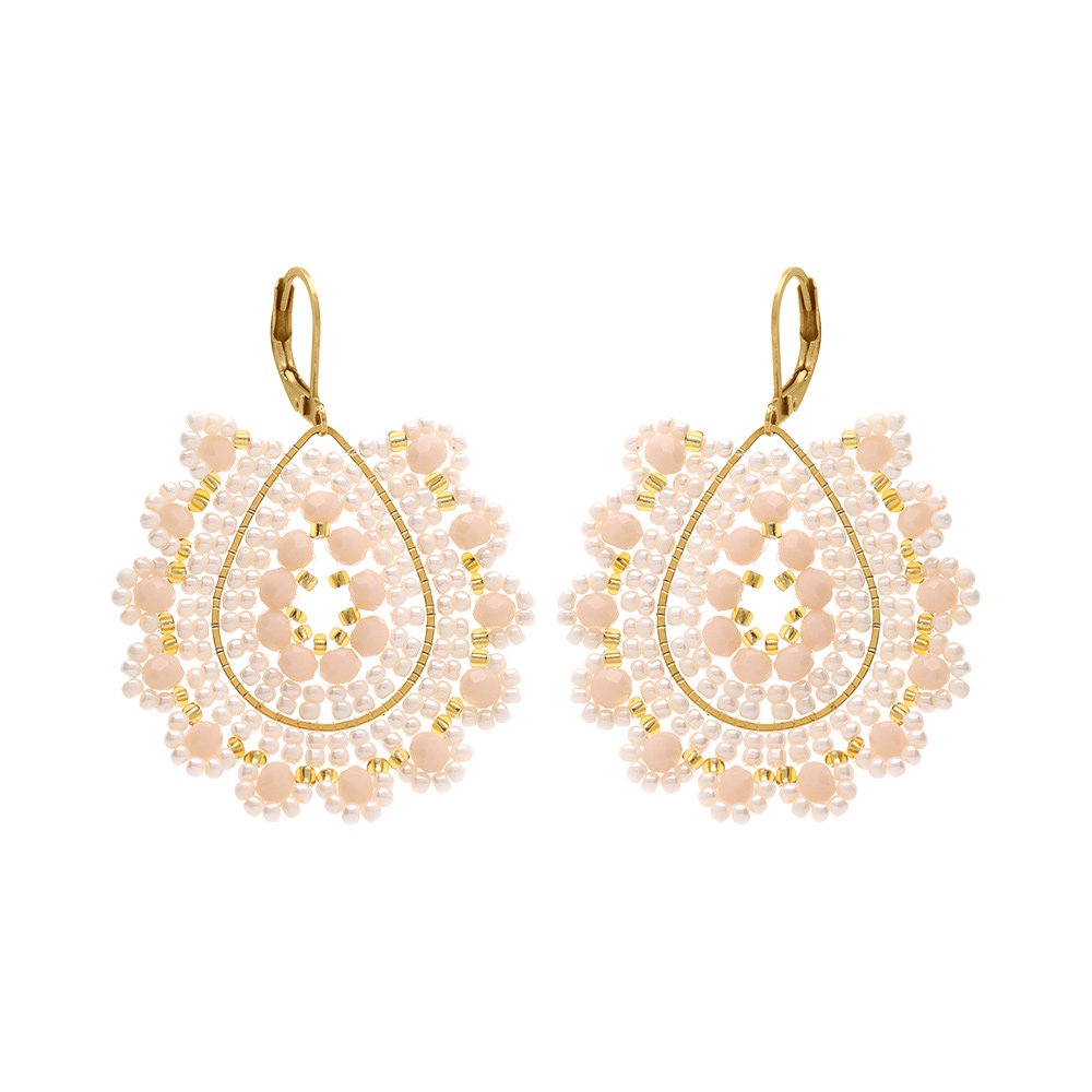 Boucles d\'oreille  pendante  boh�me en acier dor� perles rose poudr� et dor�es - dormeuse - Vue 1