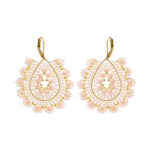Boucles d'oreille  pendante  boh�me en acier dor� perles rose poudr� et dor�es - dormeuse