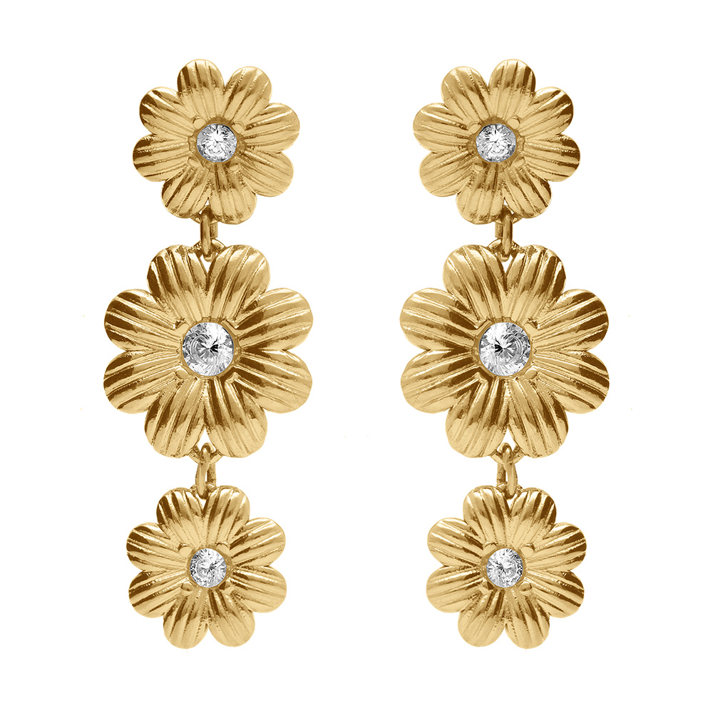 Boucles d\'oreille pendante tige en acier dore trois fleurs avec oxydes blancs sertis - Vue 1