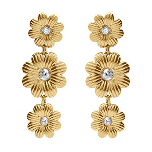 Boucles d'oreille pendante tige en acier dore trois fleurs avec oxydes blancs sertis