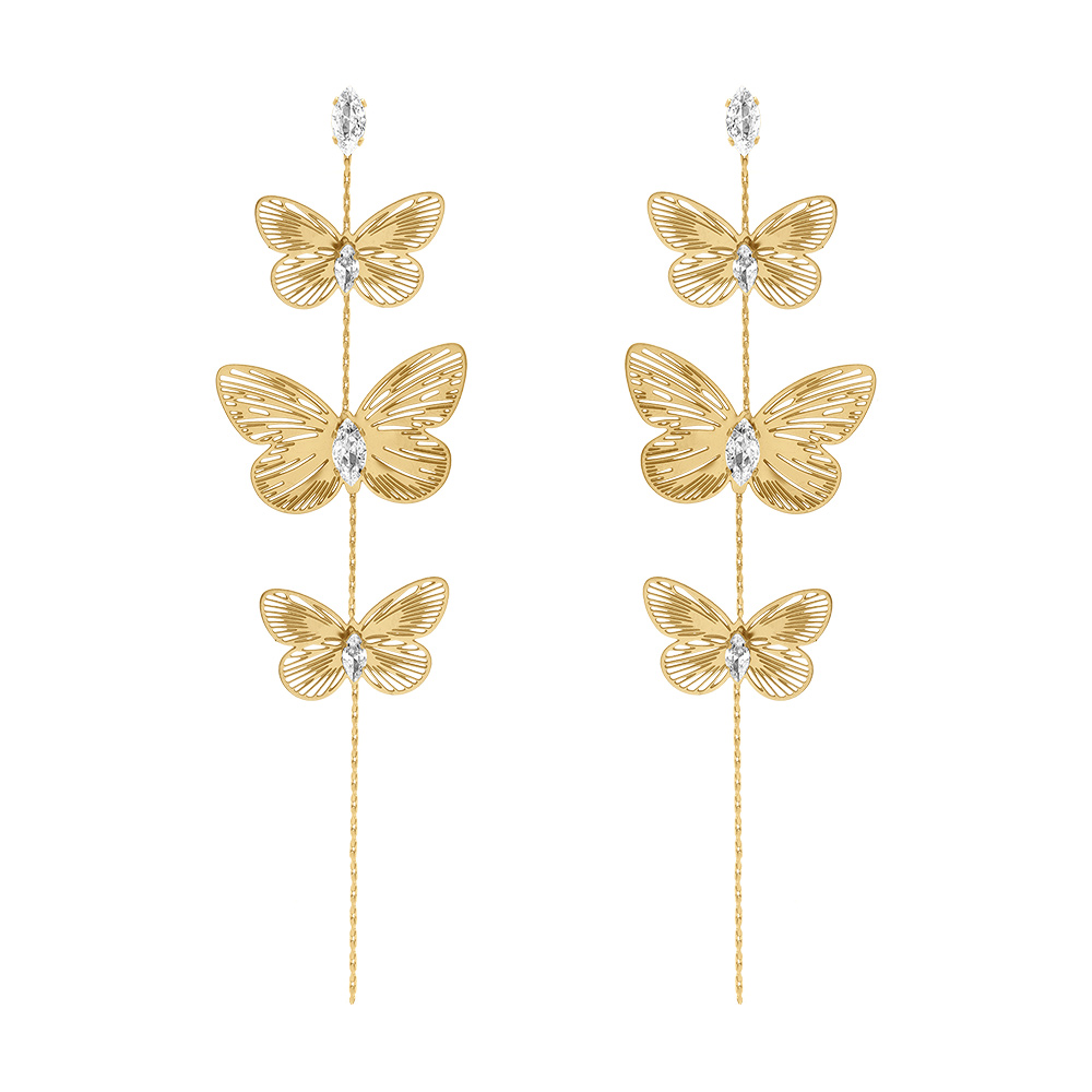 Boucles d\'oreille pendante tige en acier dor� trois papillons avec  oxydes blancs - 110mm - Vue 1
