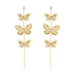 Boucles d'oreille pendante tige en acier dor� trois papillons avec  oxydes blancs - 110mm