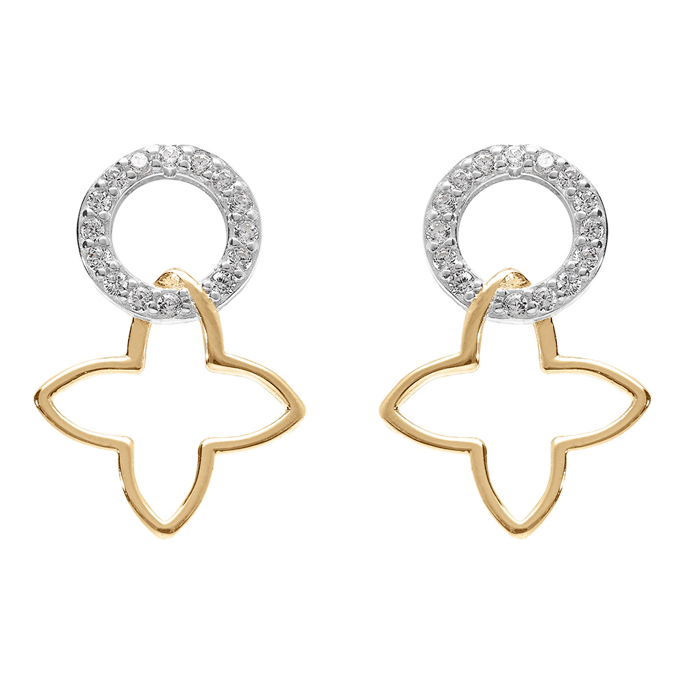 Boucles d\'oreille pendante tige en argent bicolore cercle pav� d\'oxydes et tr�fle dor� - Vue 1