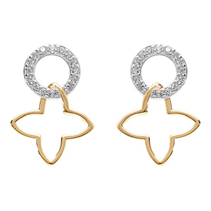 Boucles d'oreille pendante tige en argent bicolore cercle pav� d'oxydes et tr�fle dor�