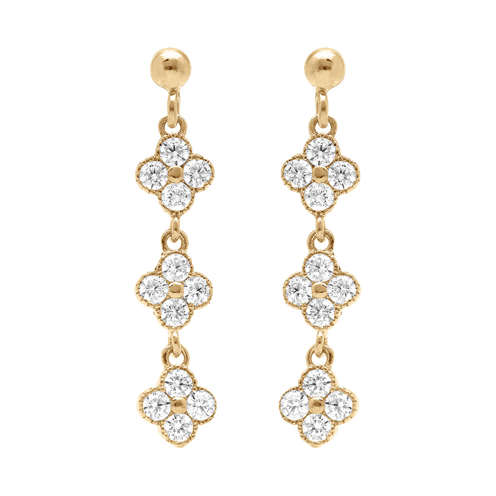 Boucles d\'oreille pendante tige en argent dor� avec fleurs pav�es d\'oxydes blancs sertis - Vue 1