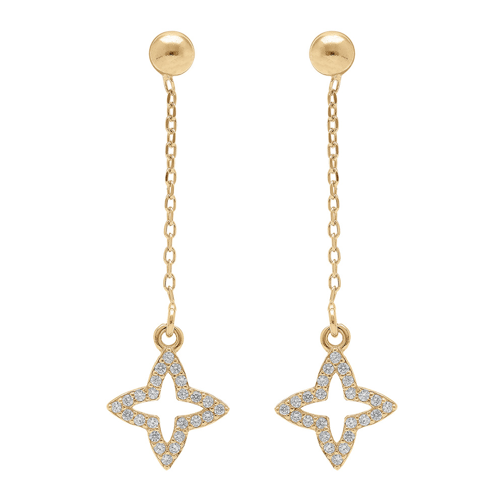 Boucles d\'oreille pendante tige en argent dor� avec tr�fle d\'oxydes blancs sertis - Vue 1