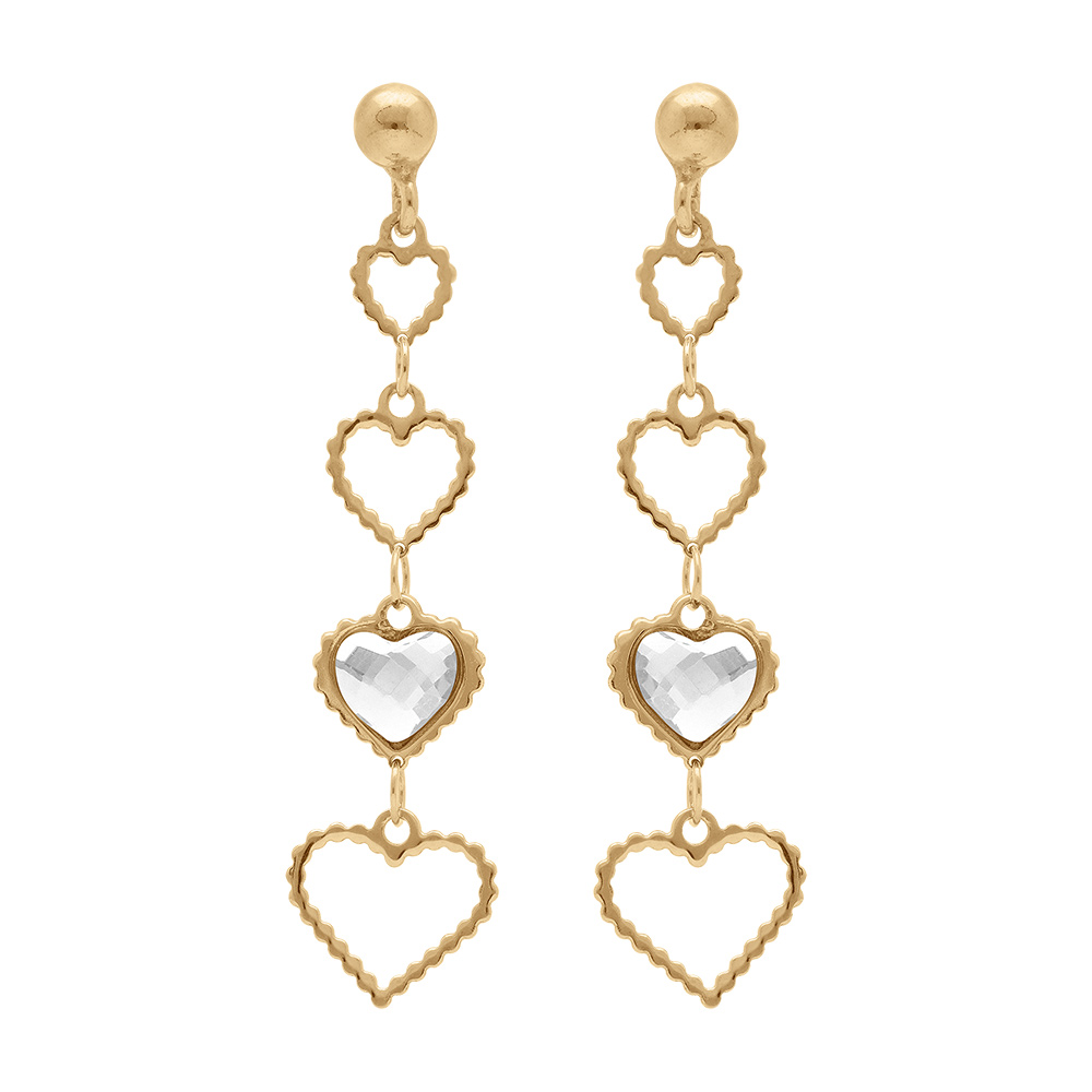 Boucles d\'oreille pendante tige en argent dor� coeurs ajour�s et oxyde blanc - Vue 1