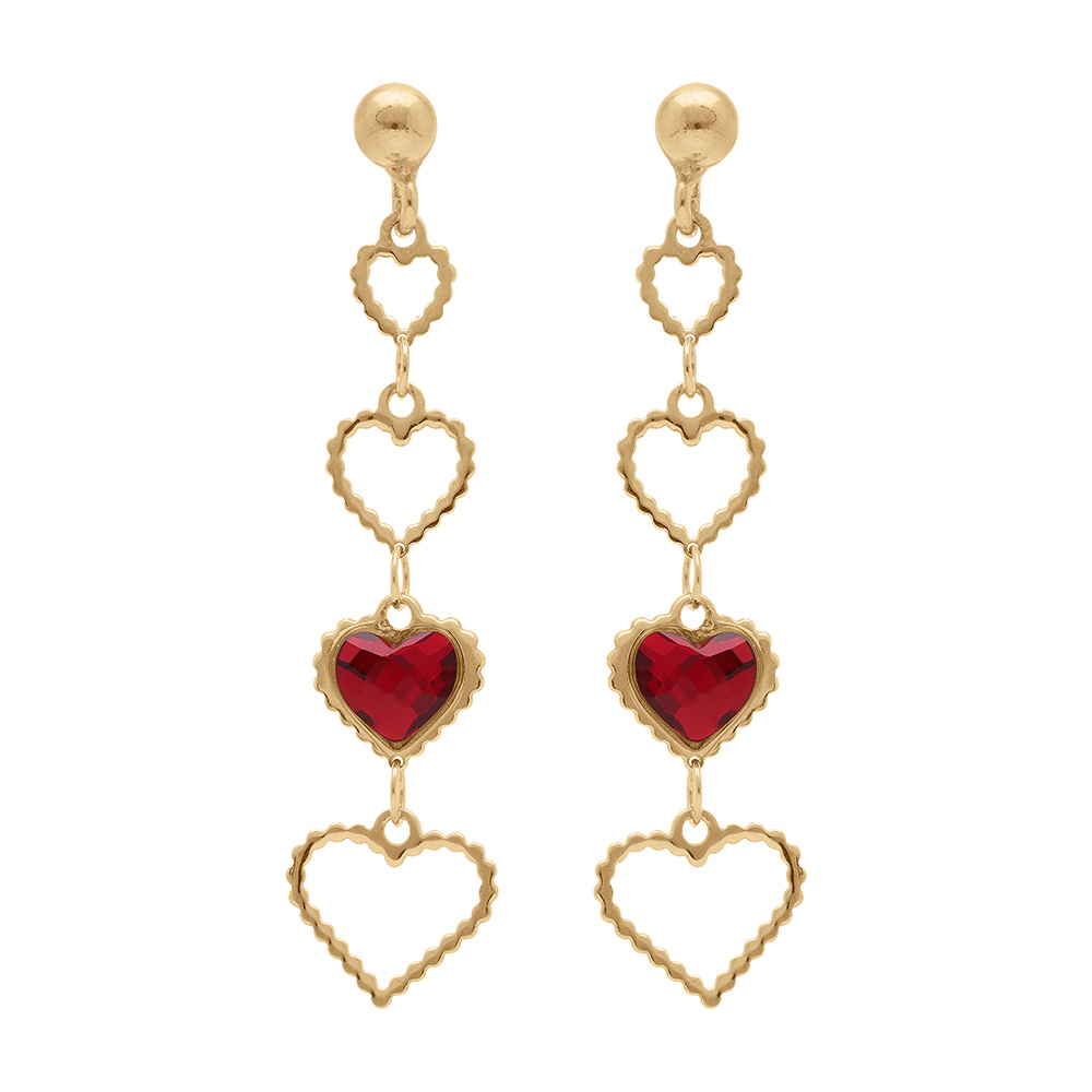 Boucles d\'oreille pendante tige en argent dor� coeurs ajour�s et oxyde rouge - Vue 1