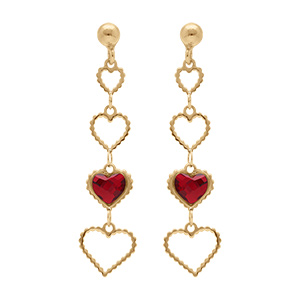 Boucles d'oreille pendante tige en argent dor� coeurs ajour�s et oxyde rouge