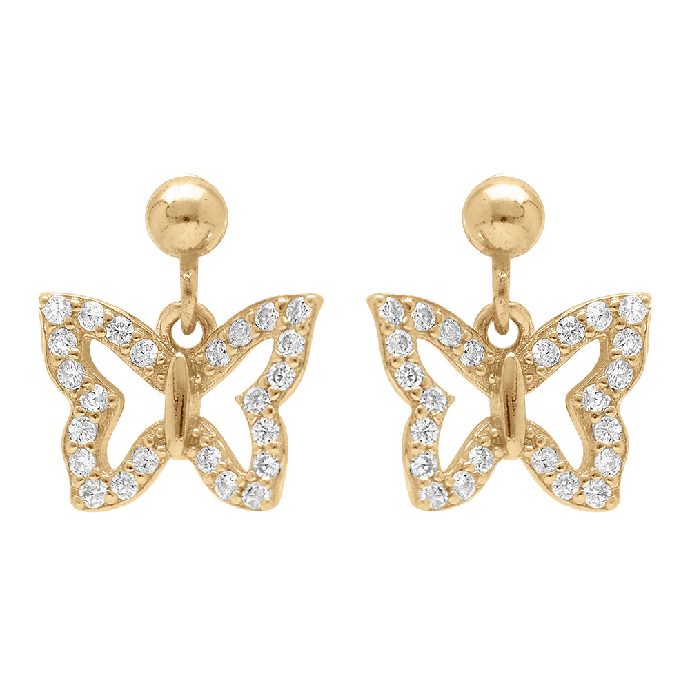 Boucles d\'oreille pendante tige en argent dor�  papillons d\'oxydes blancs sertis - Vue 1