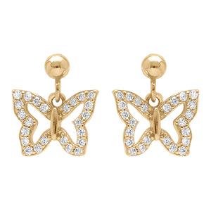 Boucles d'oreille pendante tige en argent dor�  papillons d'oxydes blancs sertis
