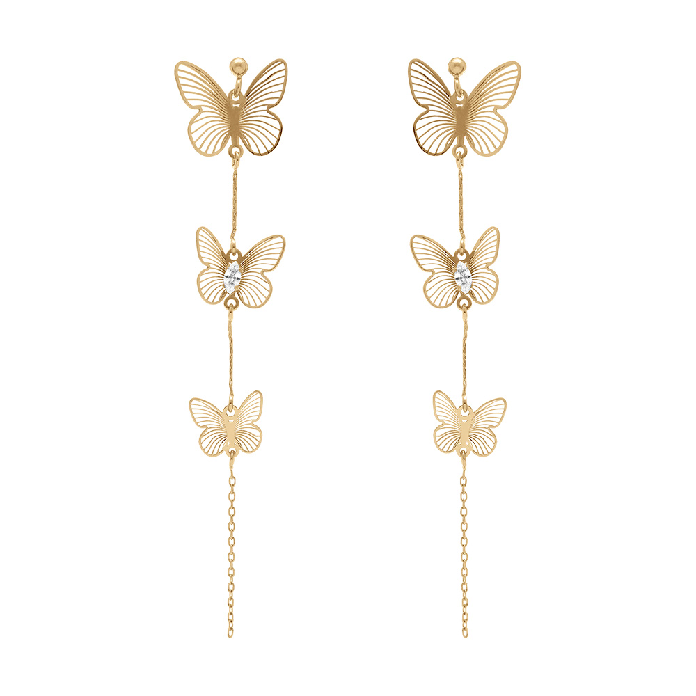 Boucles d\'oreille pendante tige en argent dor� tois papillons par� d\'oxydes blancs - Vue 1