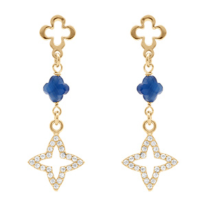 Boucles d'oreille pendante tige en argent dor� tr�fle dor� avec  r�sine bleue et oxydes blancs sertis