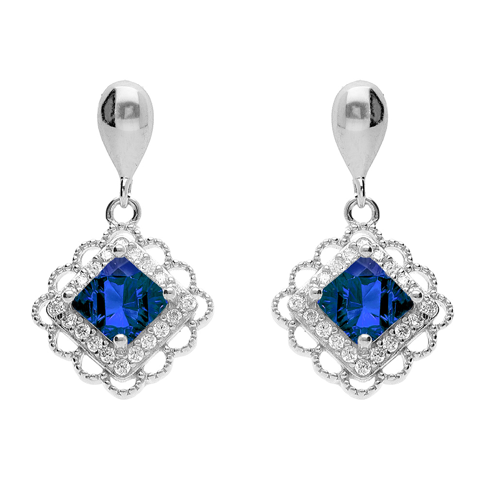 Boucles d\'oreille pendante tige en argent rhodi� carr�  bleu et halo d\'oxydes - Vue 1