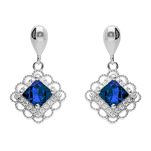 Boucles d'oreille pendante tige en argent rhodi� carr�  bleu et halo d'oxydes