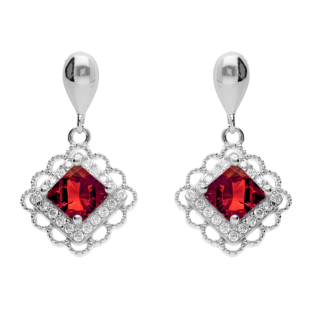 Boucles d\'oreille pendante tige en argent rhodi� carr� rouge et halo d\'oxydes - Vue 1