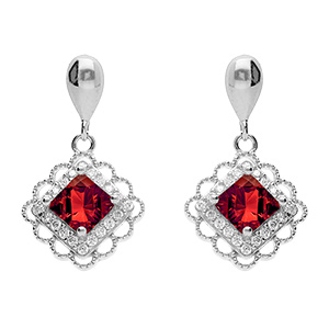 Boucles d'oreille pendante tige en argent rhodi� carr� rouge et halo d'oxydes