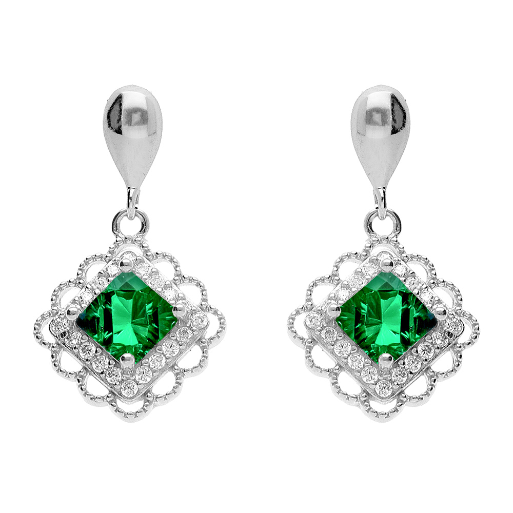 Boucles d\'oreille pendante tige en argent rhodi� carr� vert et halo d\'oxydes - Vue 1